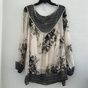 Rose & Olive 3XL Blouse Black Floral Print Sheer Lined L/S Whimsy Fairy‎ Grunge